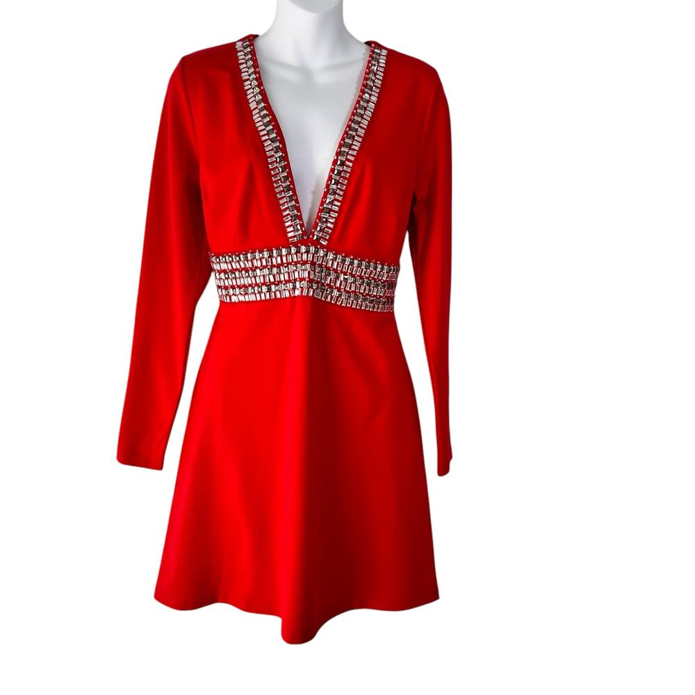 VENUS Red Long Sleeve Dress with Silver Accents